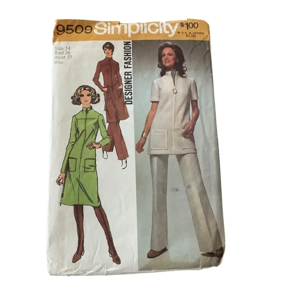 Vintage 1971 Simplicity Sewing Pattern 9505 Dress Tunic Pants Size 14 36-27-28